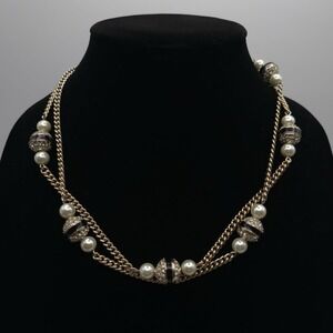 J.Crew Double Strand Faux Pearl Cream Enamel Rhinestone Necklace Gold Tone